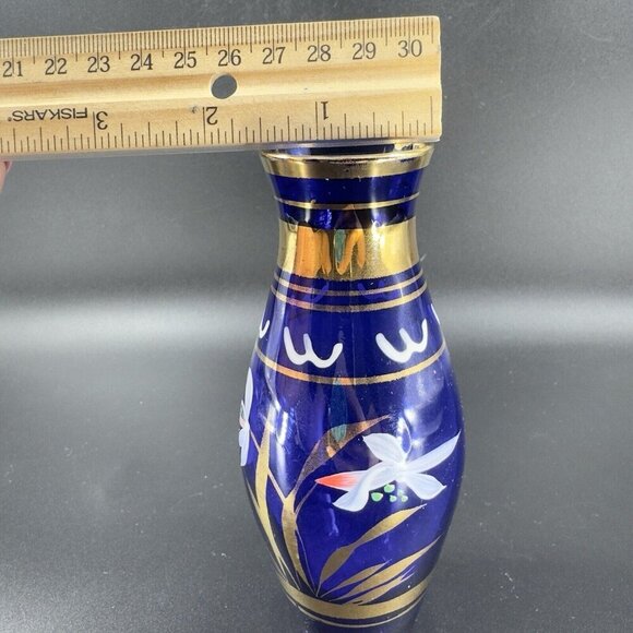 Vintage Bohemian Art Glass Vase Vessel With Hand Painted Flowers Czech Vase VTG - Picture 4 of 12